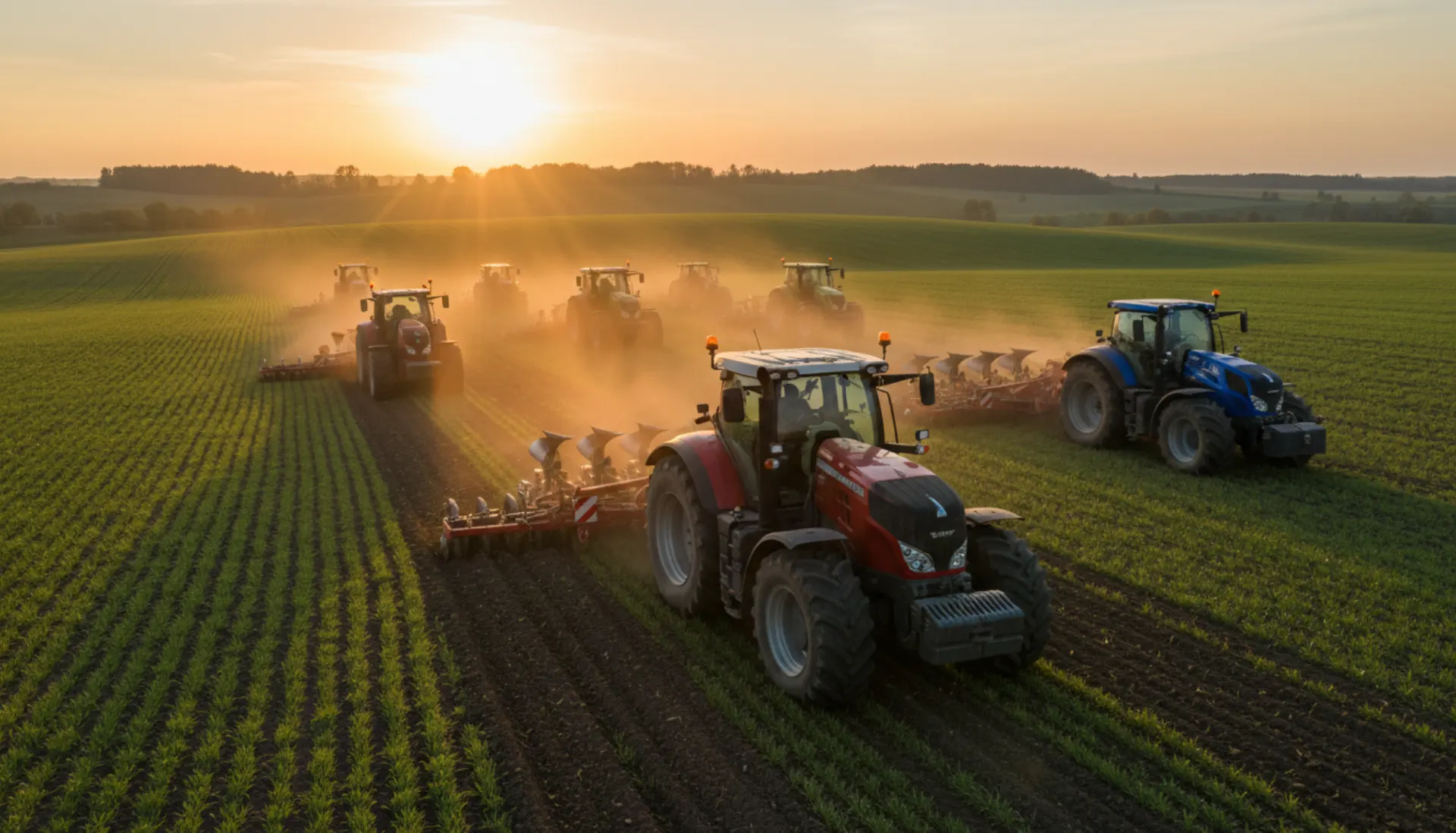 Tractor working a field at sunrise