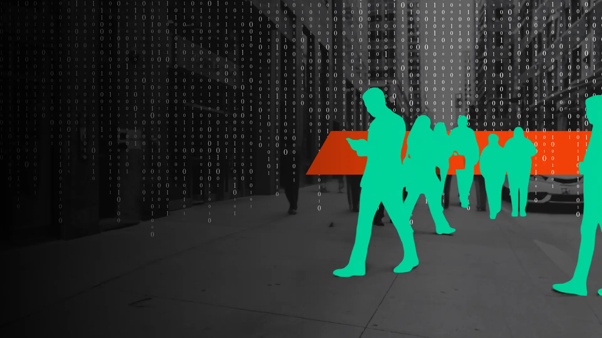 People walking a city street, overlaid with cascading binary code