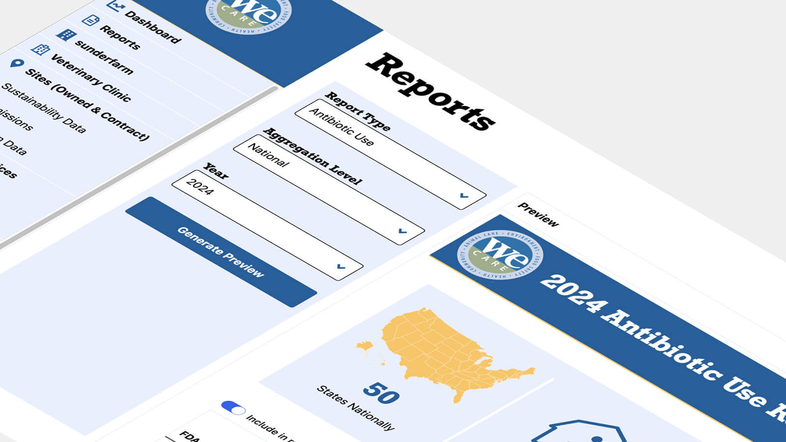 Antibiotics tracking application generating a 2024 Antibiotic Use Report across desktop, tablet and mobile