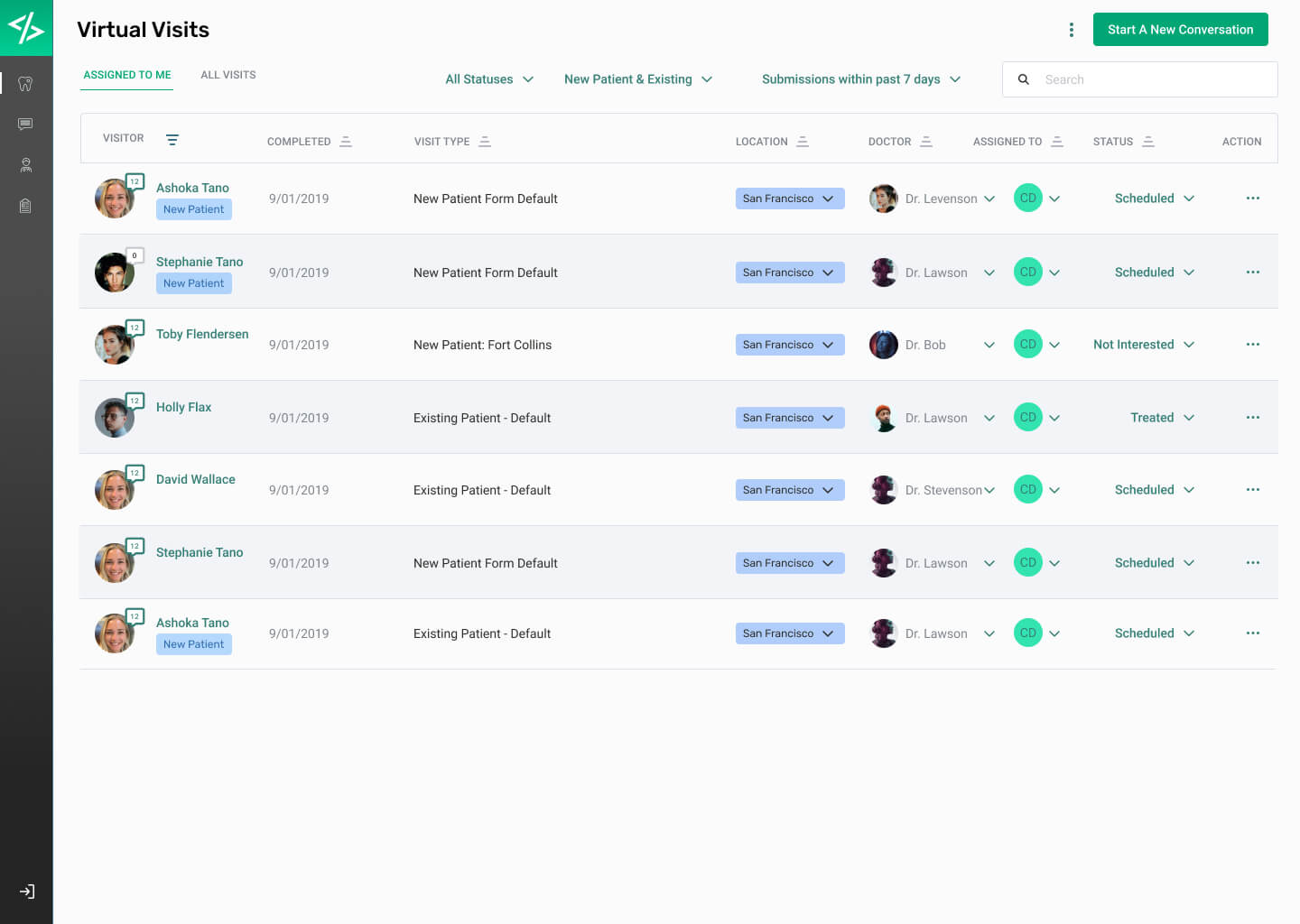 Desktop interface showing a list view of patients